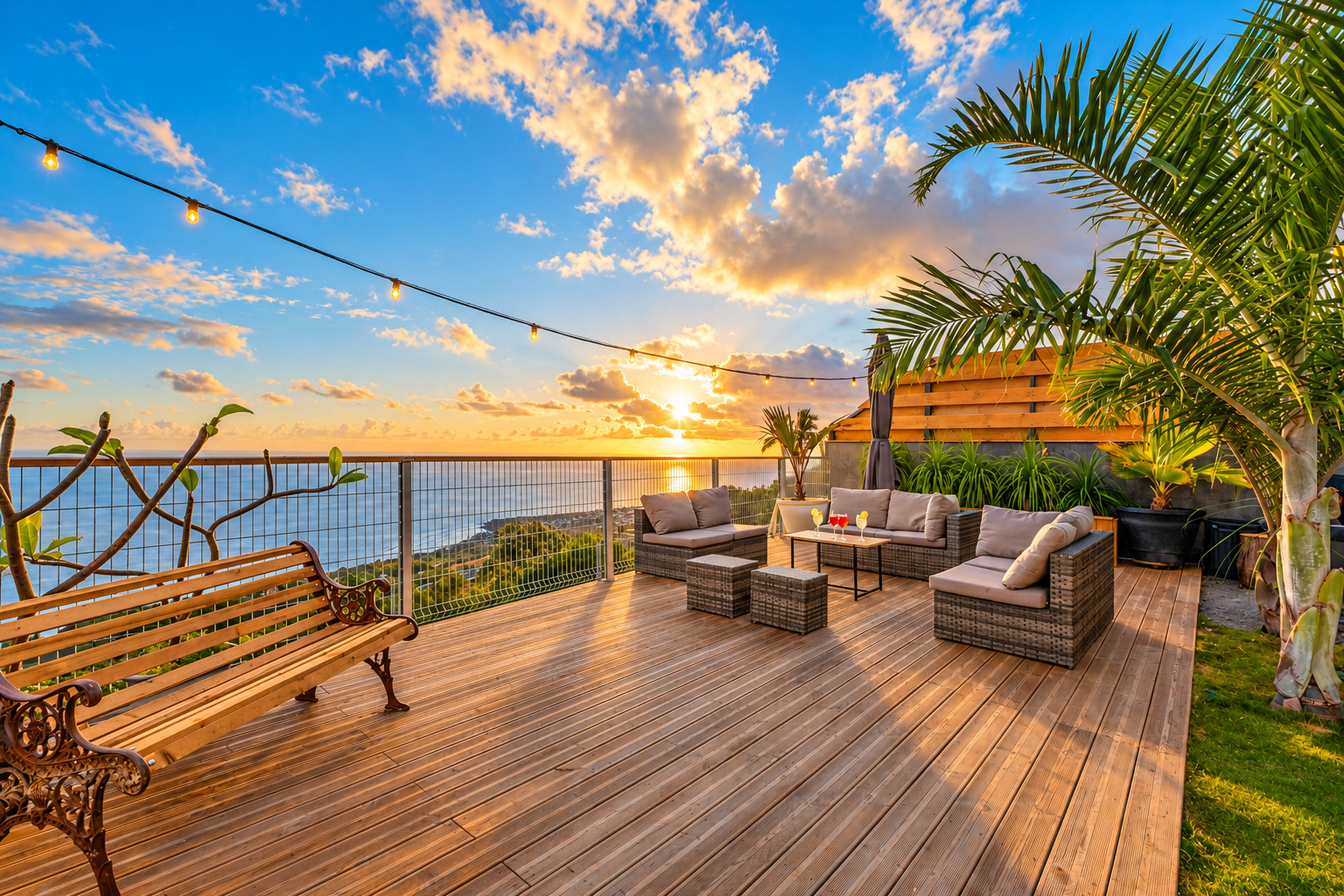 Terrasse de la villa Alambic au coucher du soleil à Saint-Leu